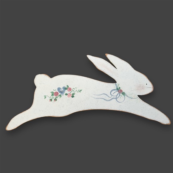 Vintage Wooden Bunny Wall Decor White Floral Cottagecore Easter Farmcore Country - Picture 2 of 7